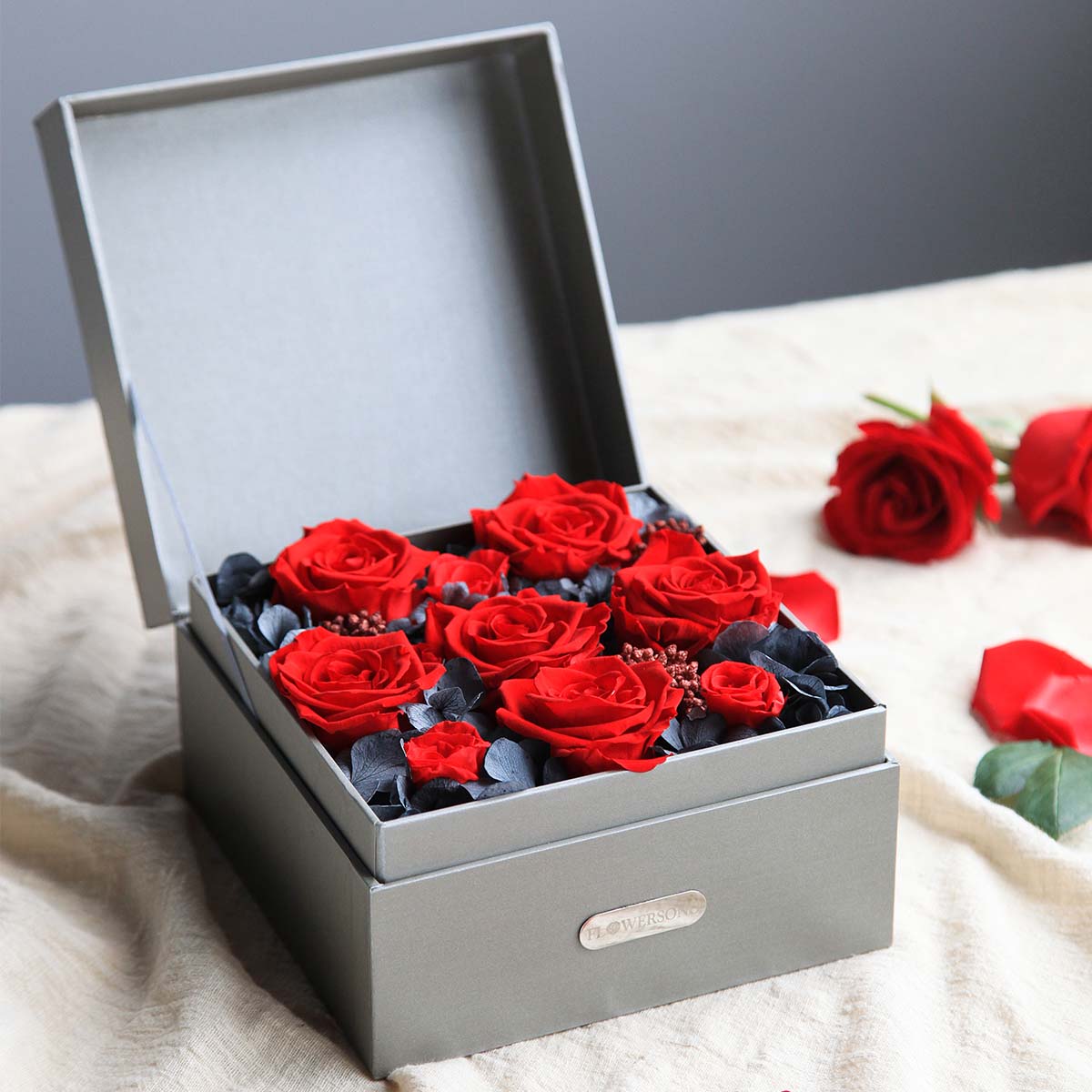 Rose Under A Box Scarlet Rose Noir Box - Flowersong | Preserved Roses in Full Bloom